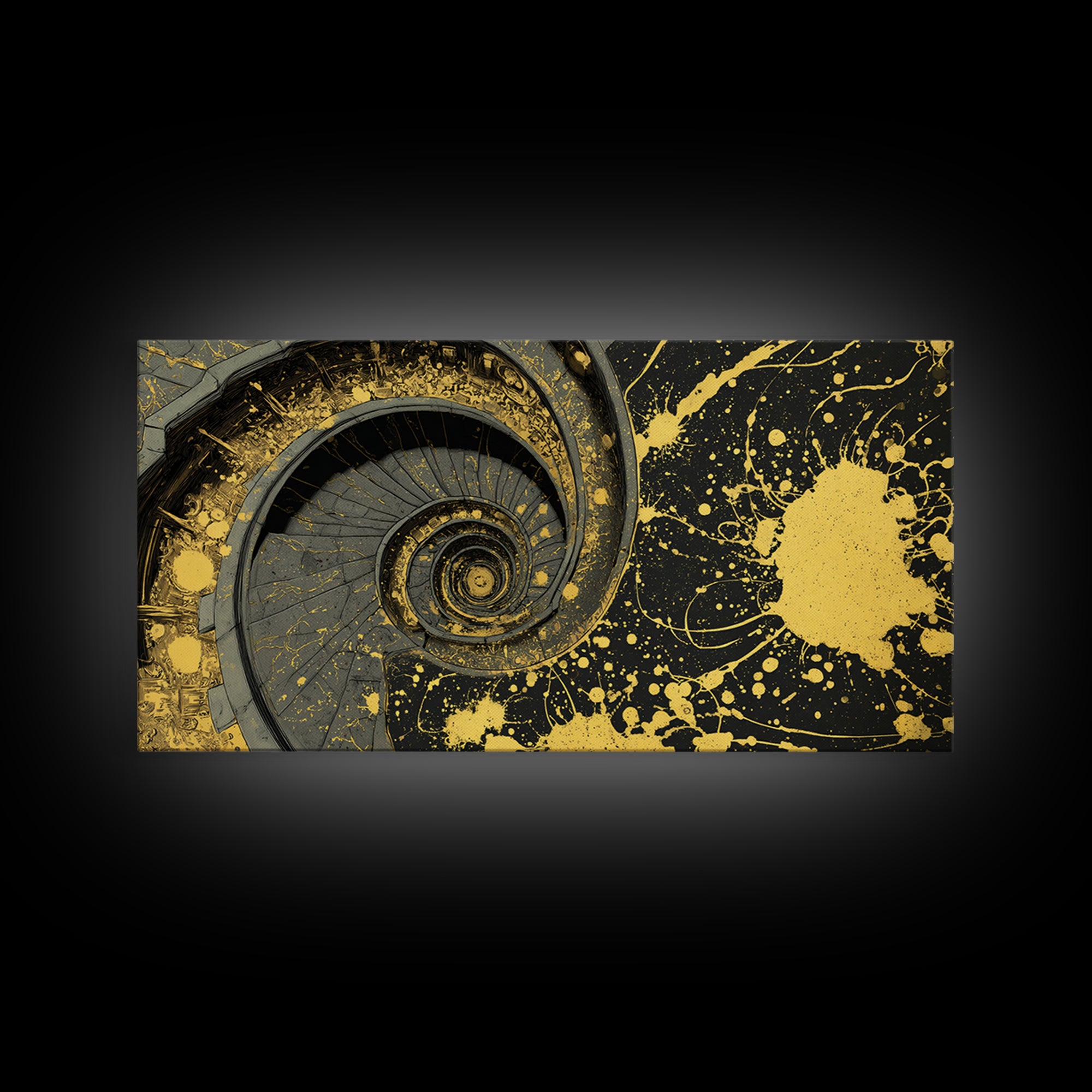 Golden Spiral Staircase, Gold Canvas Art, Real Wood Frame, Splatter Style Abstract Design, Modern Wall Decor