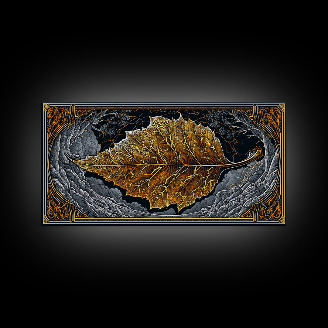 Golden Leaf In Ornate Frame, Gold Canvas Print, Real Wood Frame, Botanical Wall Art, Nature Inspired Decor