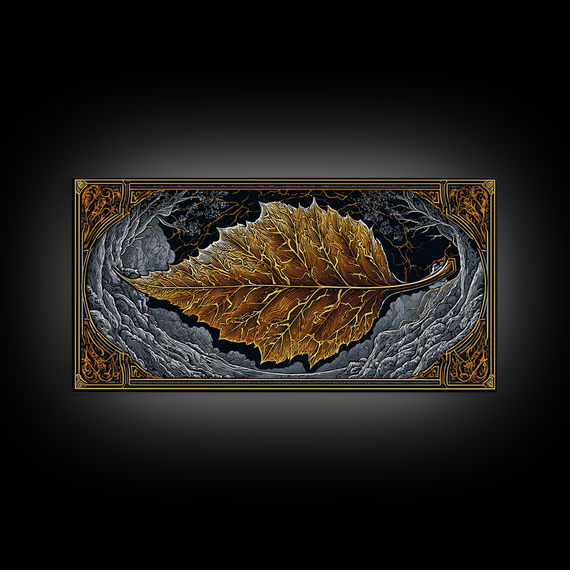 Golden Leaf In Ornate Frame, Gold Canvas Print, Real Wood Frame, Botanical Wall Art, Nature Inspired Decor