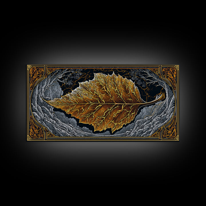 Golden Leaf In Ornate Frame, Gold Canvas Print, Real Wood Frame, Botanical Wall Art, Nature Inspired Decor