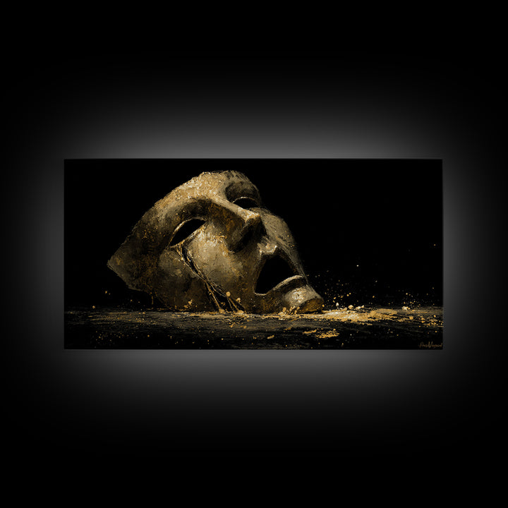 Golden Theatrical Mask, Gold Canvas Print, Real Wood Frame, Dramatic Abstract Artwork, Expressive Wall Art