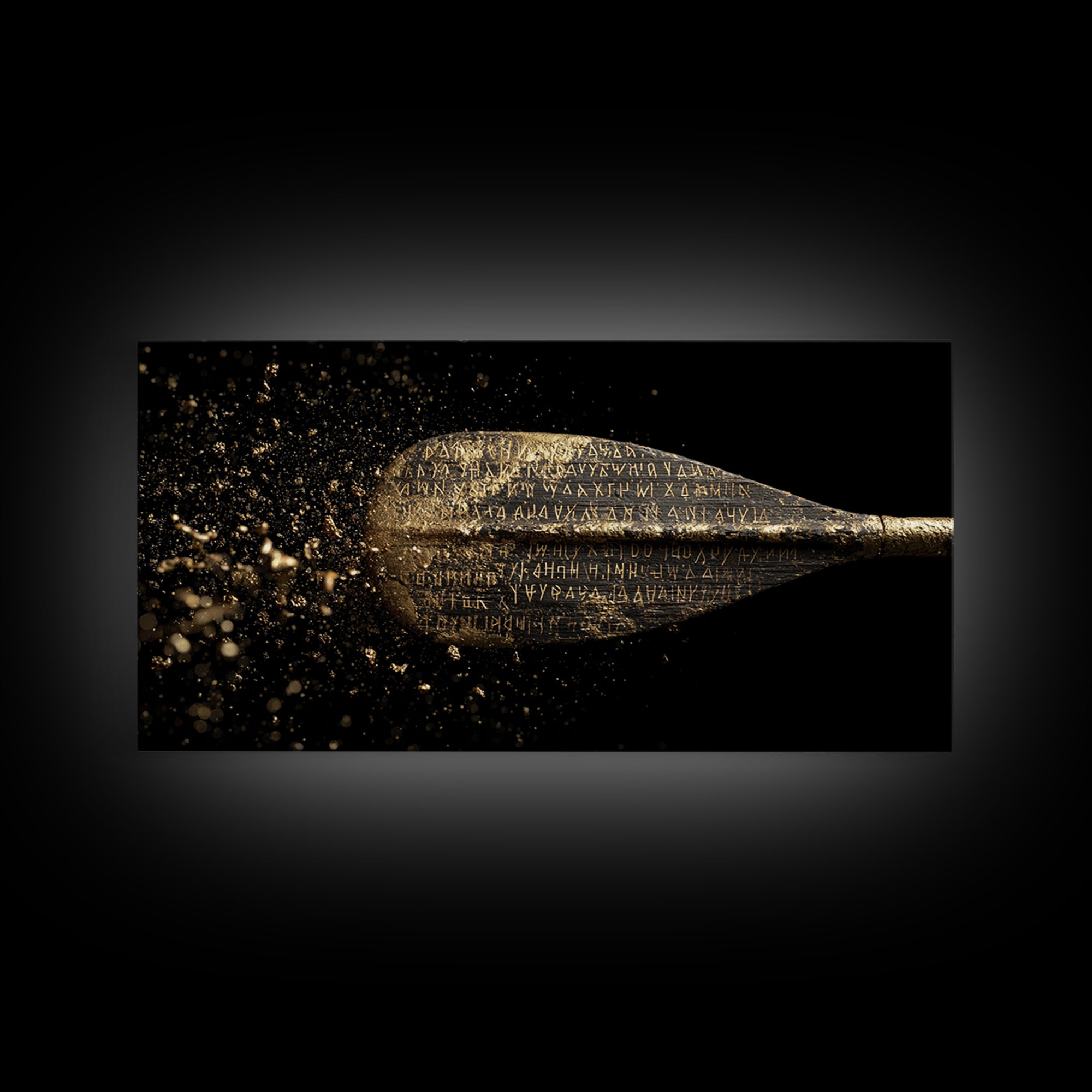 Ancient Golden Spear Tip, Gold Canvas Art, Real Wood Frame, Splatter Style Weapon Artwork, Mythology Inspired Decor