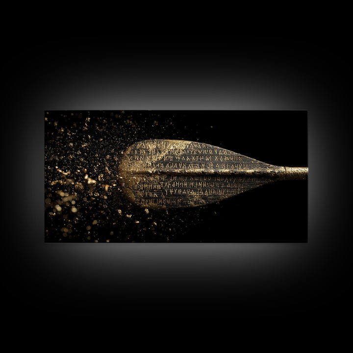 Ancient Golden Spear Tip, Gold Canvas Art, Real Wood Frame, Splatter Style Weapon Artwork, Mythology Inspired Decor