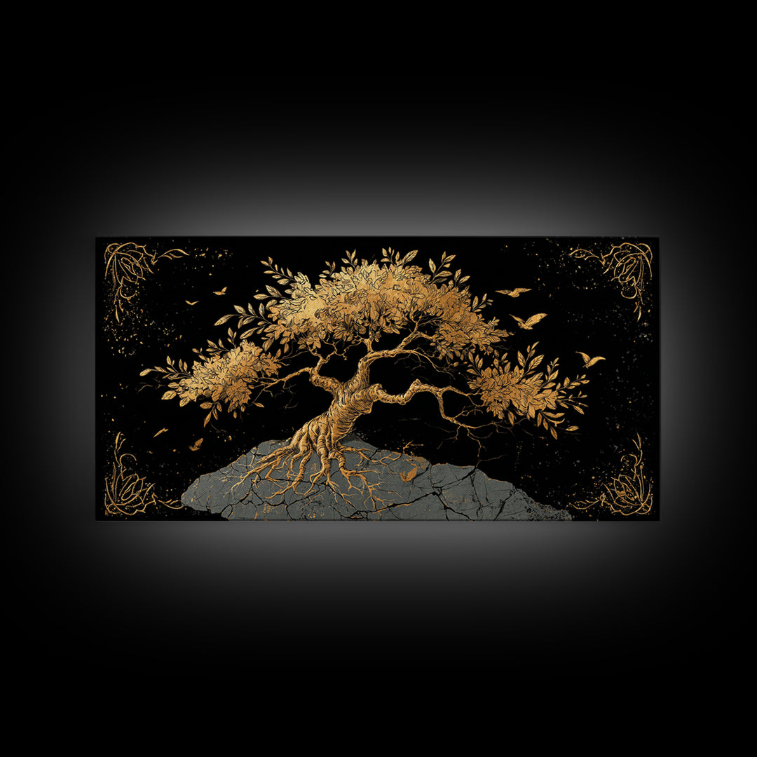 Gold Tree of Life Artwork, Intricate Roots and Leaves, Wood Framed Map Wall Art for Home or Office Décor