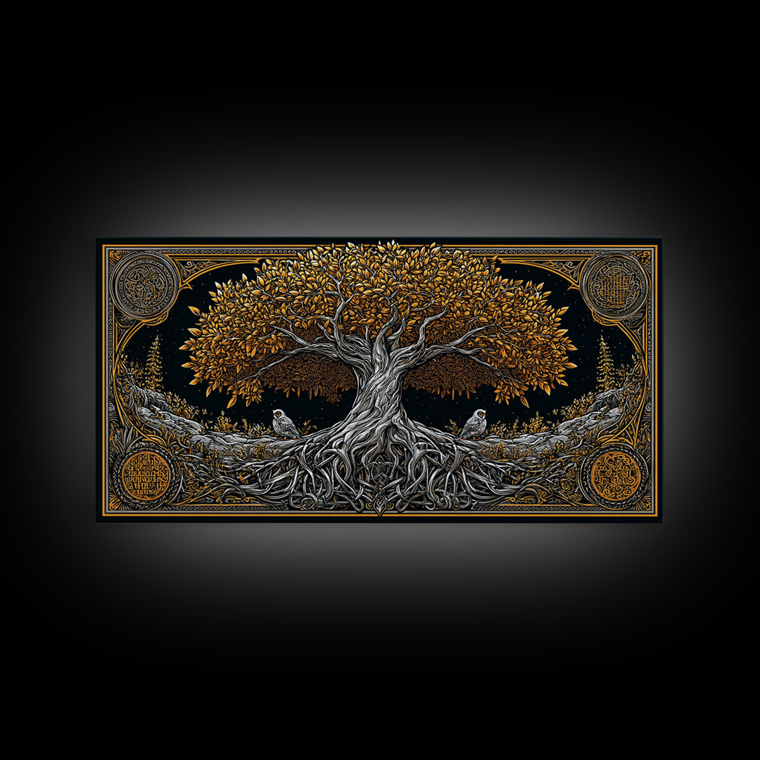 Gold Ancient Tree Design with Owls, Ornate Border, Wood Framed Map Wall Art for Classic and Nature-Inspired Spaces