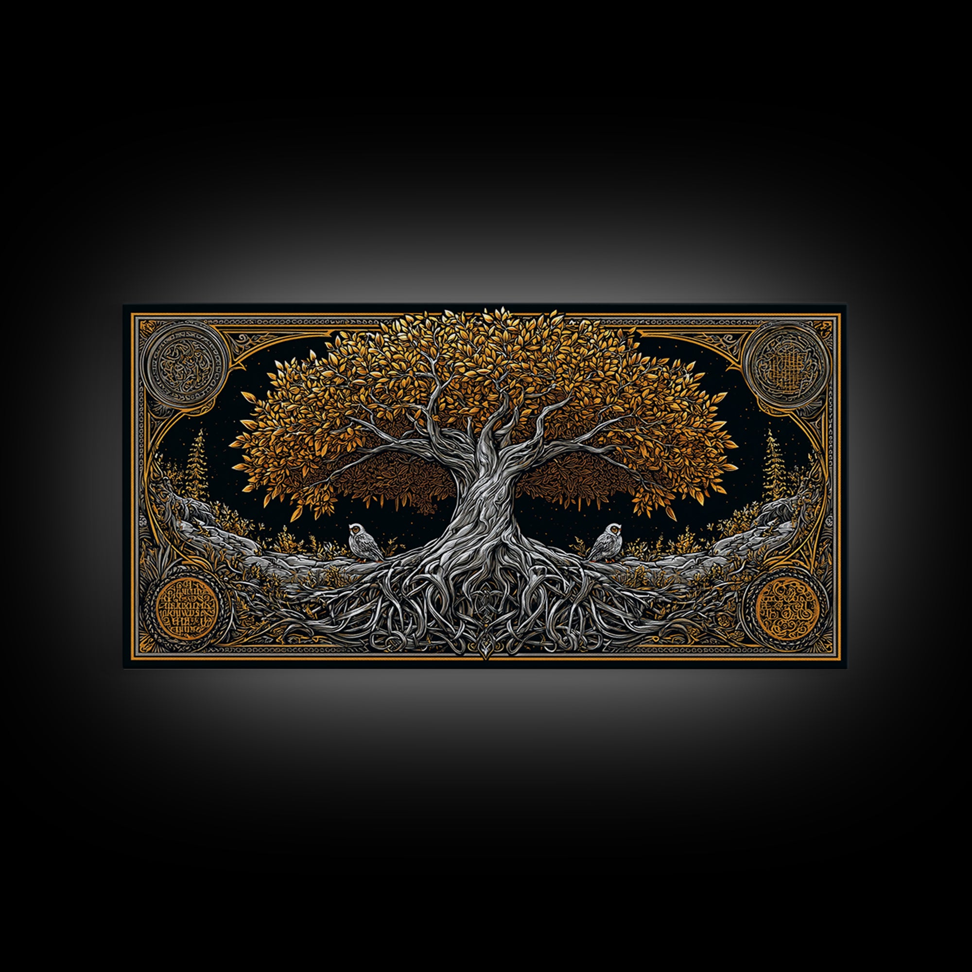 Gold Ancient Tree Design with Owls, Ornate Border, Wood Framed Map Wall Art for Classic and Nature-Inspired Spaces