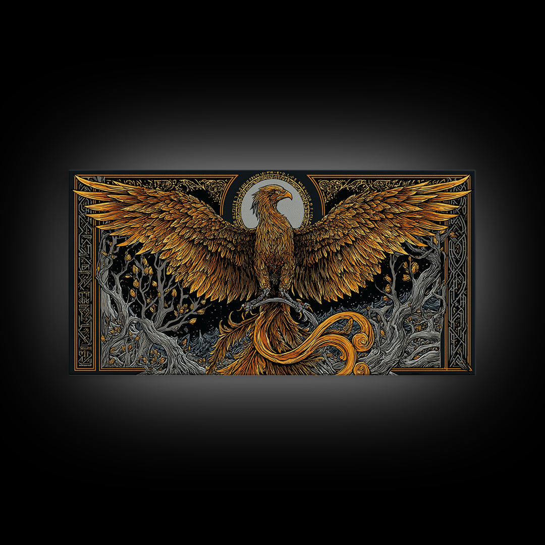 Gold Phoenix Rising Illustration, Majestic Wings, Wood Framed Map Wall Décor for Myth and Fantasy Art Lovers