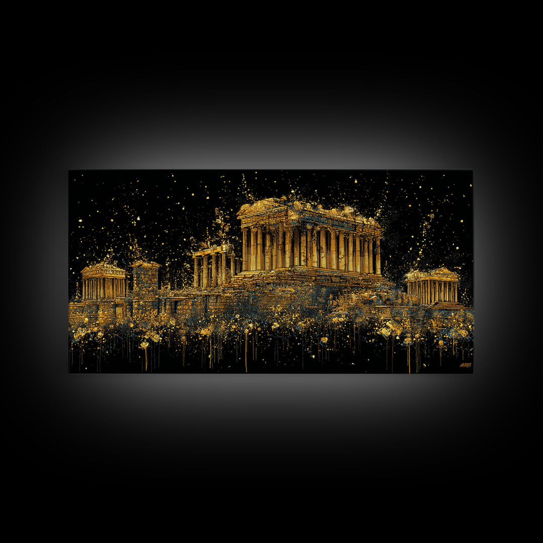 Gold Parthenon Greece Architecture Print, Splatter Art Style, Wood Framed Map Wall Art for Travel and History Fans