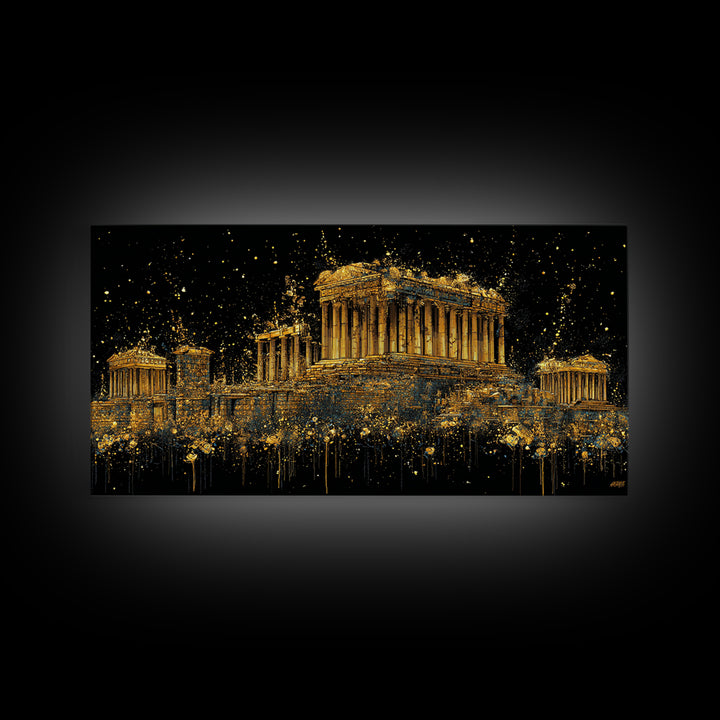 Gold Parthenon Greece Architecture Print, Splatter Art Style, Wood Framed Map Wall Art for Travel and History Fans