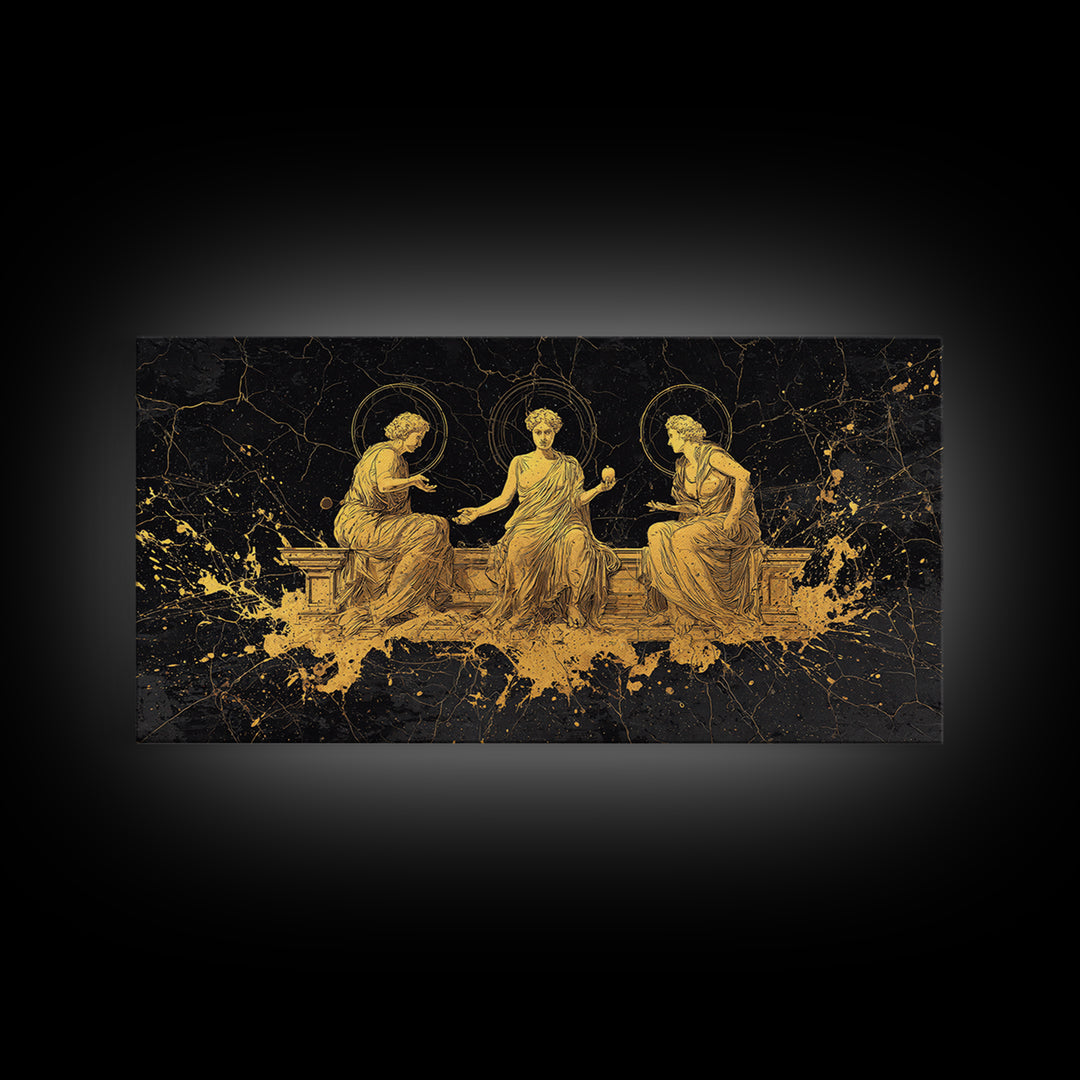 Gold Greek Goddesses Seated in Elegant Marble Scene, Wood Framed Map Wall Décor for Classical Art and Mythology Lovers