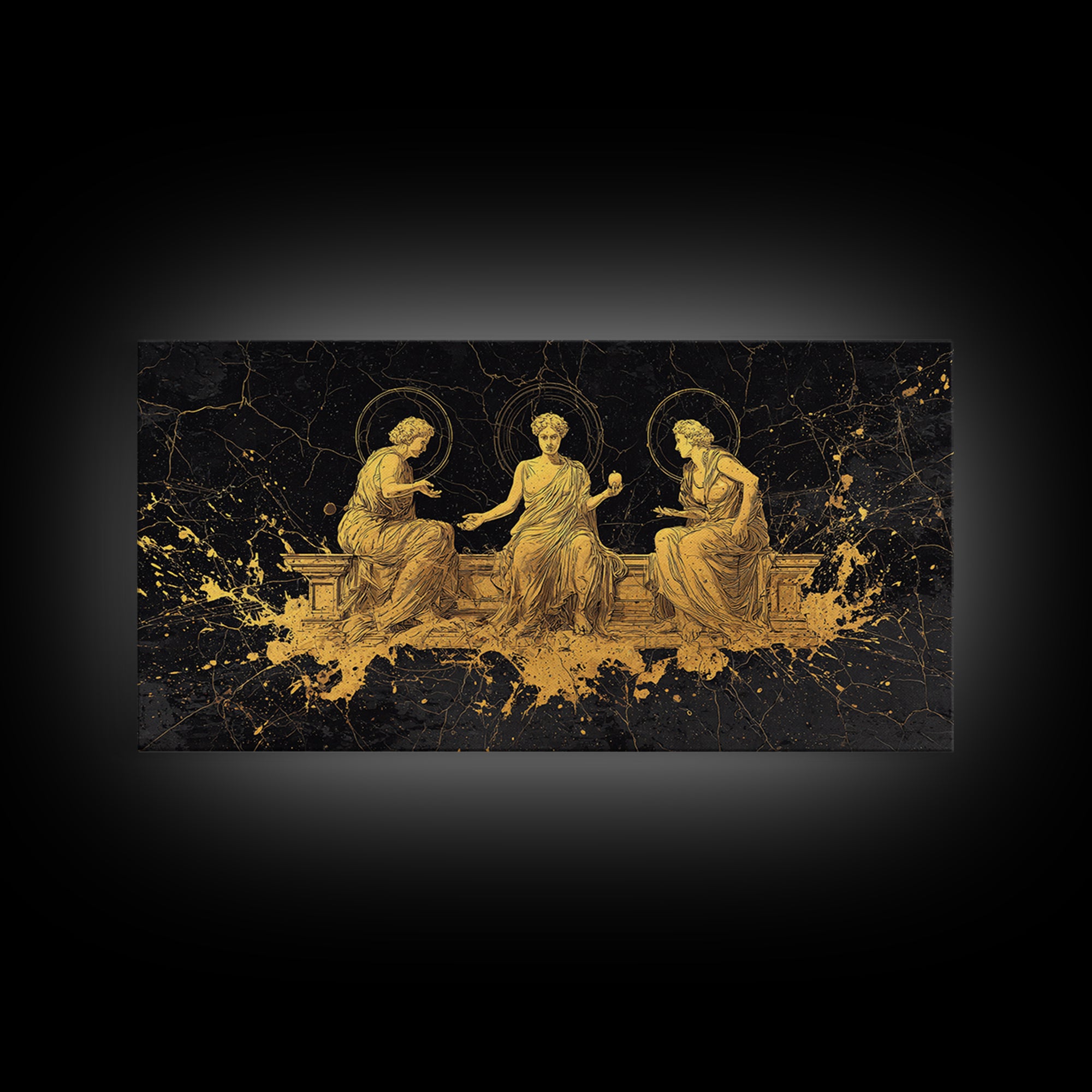 Gold Greek Goddesses Seated in Elegant Marble Scene, Wood Framed Map Wall Décor for Classical Art and Mythology Lovers