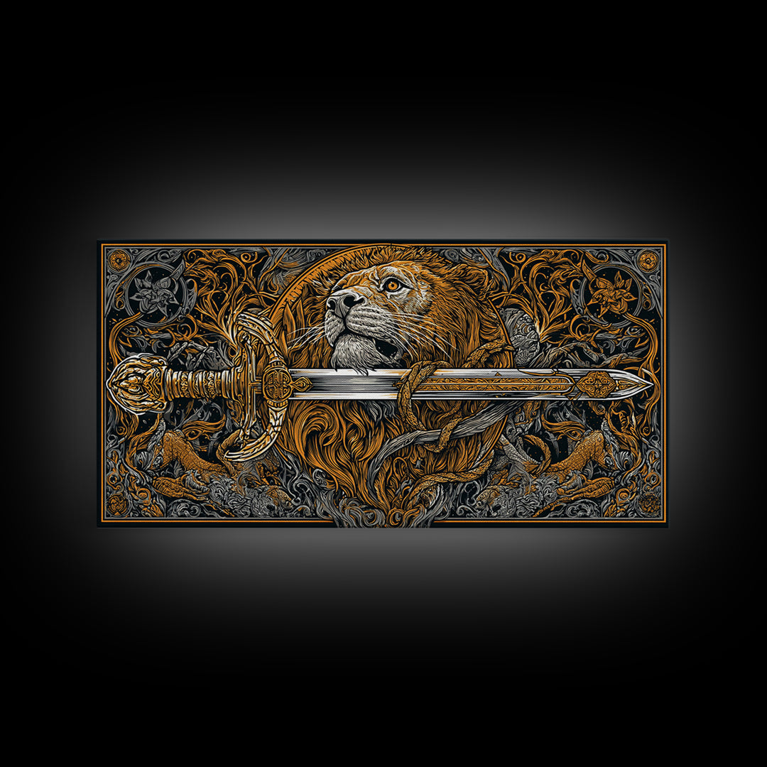 Gold Lion with Ornate Sword, Surrounded by Floral Designs, Wood Framed Map Wall Art for Strength and Courage Symbolism