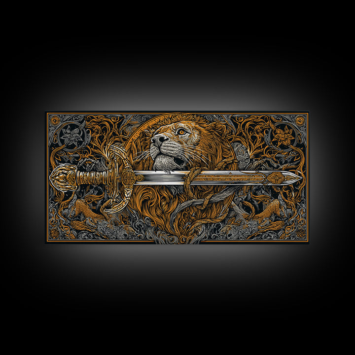 Gold Lion with Ornate Sword, Surrounded by Floral Designs, Wood Framed Map Wall Art for Strength and Courage Symbolism