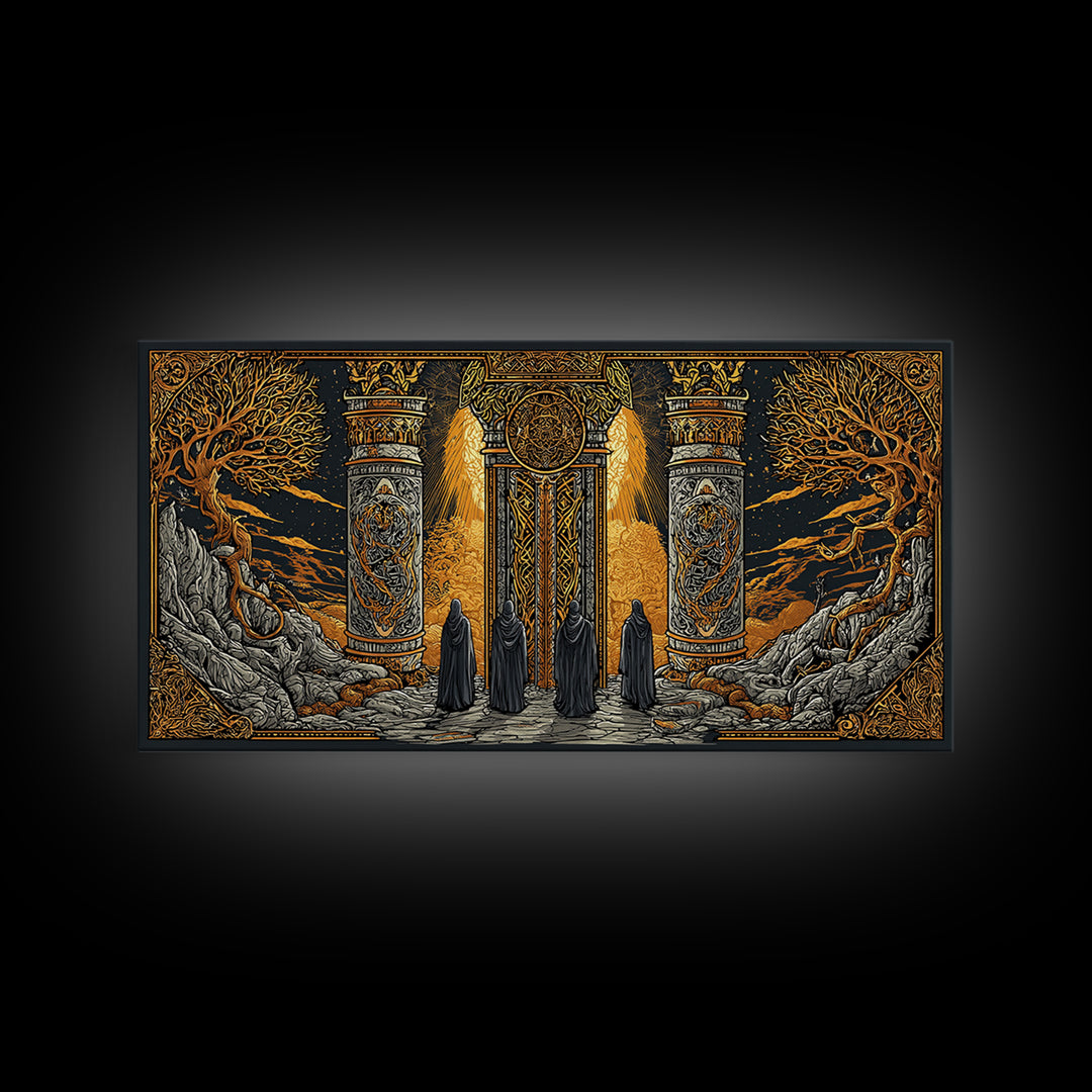 Gold Fantasy Portal Artwork, Glowing Pillars and Trees, Wood Framed Map Wall Décor for Magical and Epic Settings