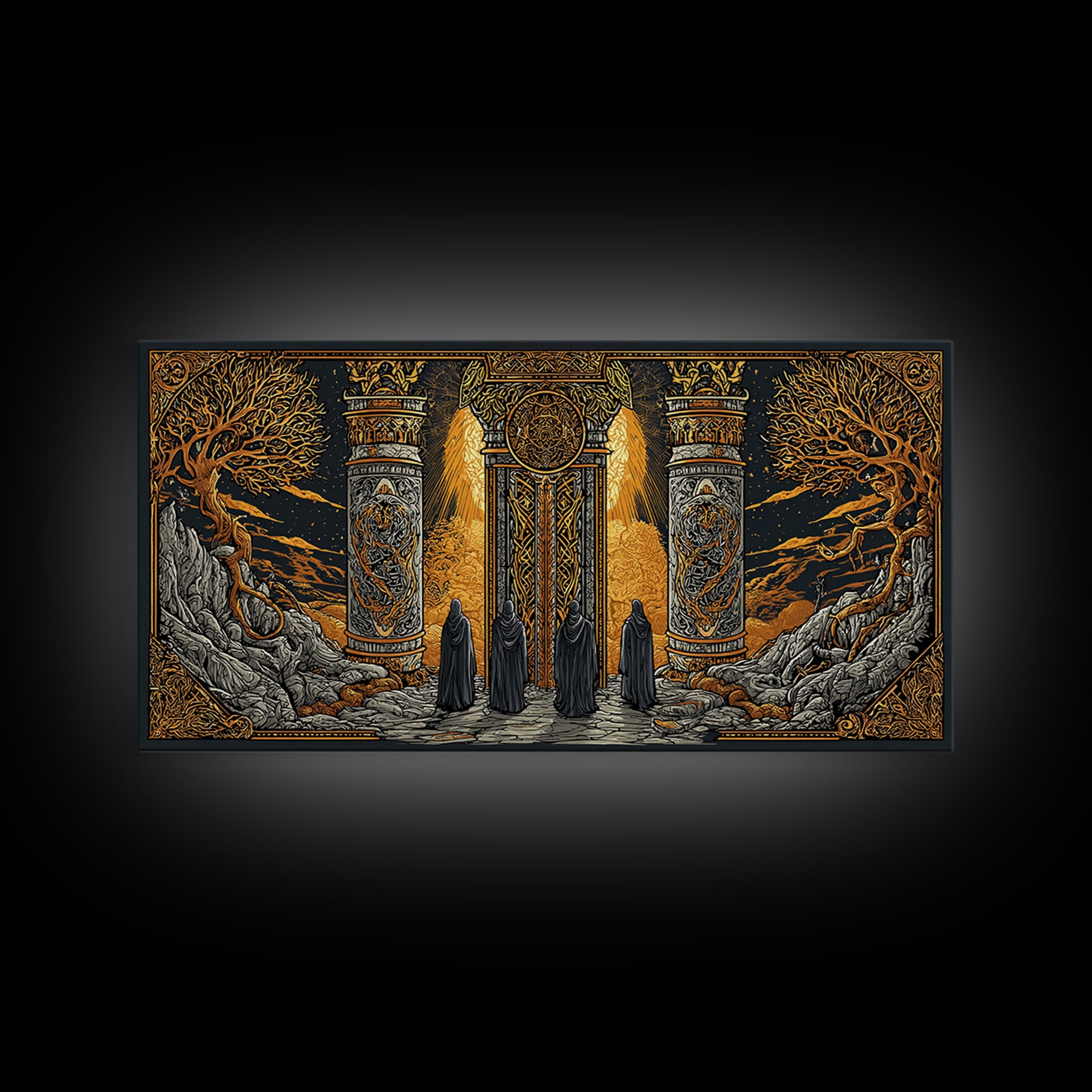 Gold Fantasy Portal Artwork, Glowing Pillars and Trees, Wood Framed Map Wall Décor for Magical and Epic Settings