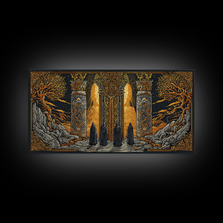 Gold Fantasy Portal Artwork, Glowing Pillars and Trees, Wood Framed Map Wall Décor for Magical and Epic Settings
