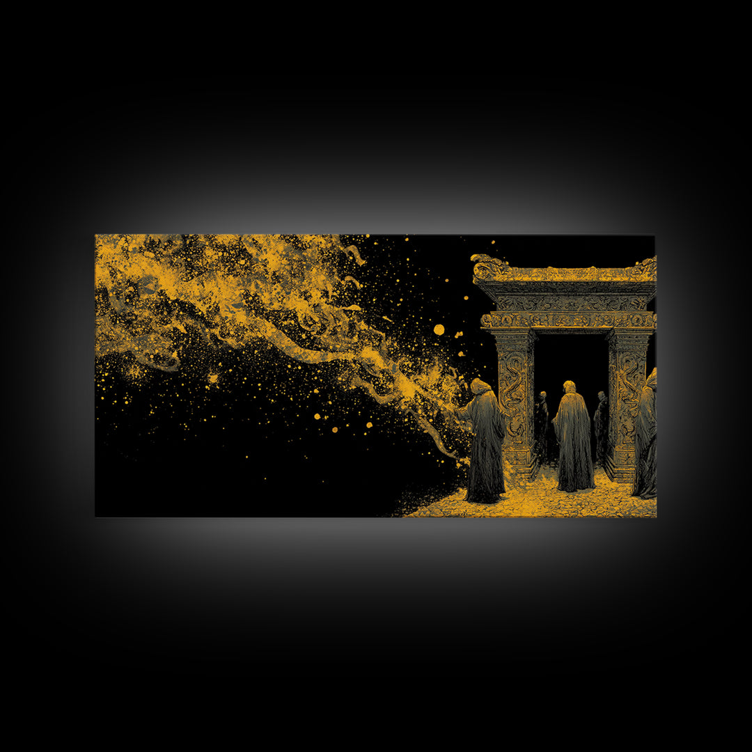 Gold Ancient Gate Scene, Robed Figures and Ornate Carvings, Wood Framed Map Wall Art for Mystery and Fantasy Lovers