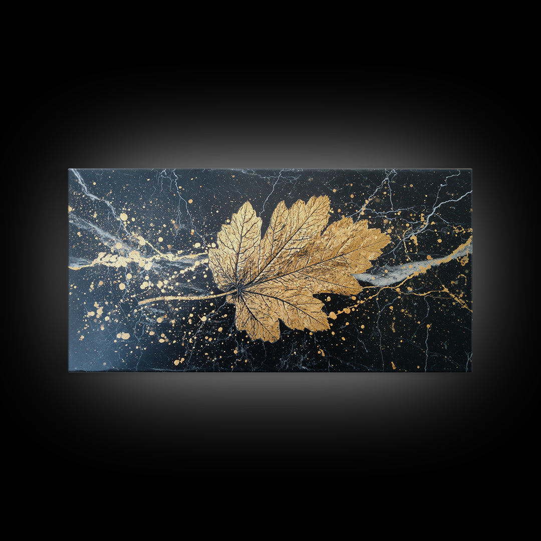 Golden Maple Leaf On Black, Gold Canvas Art, Real Wood Frame, Splatter Style, Nature Wall Decor, Leaf Print