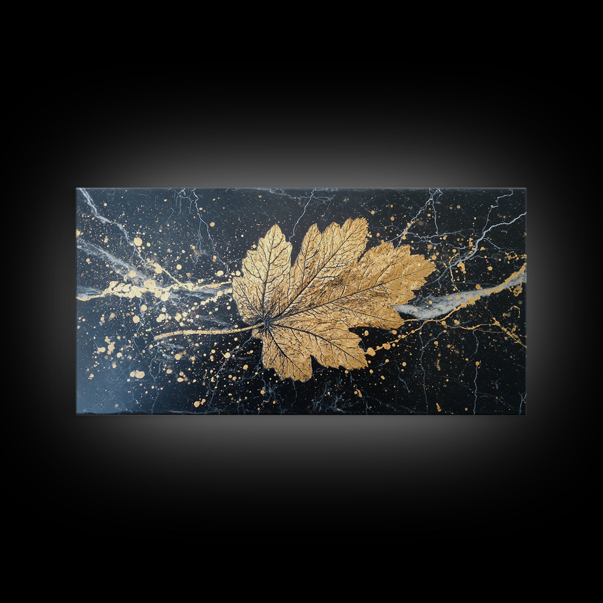Golden Maple Leaf On Black, Gold Canvas Art, Real Wood Frame, Splatter Style, Nature Wall Decor, Leaf Print