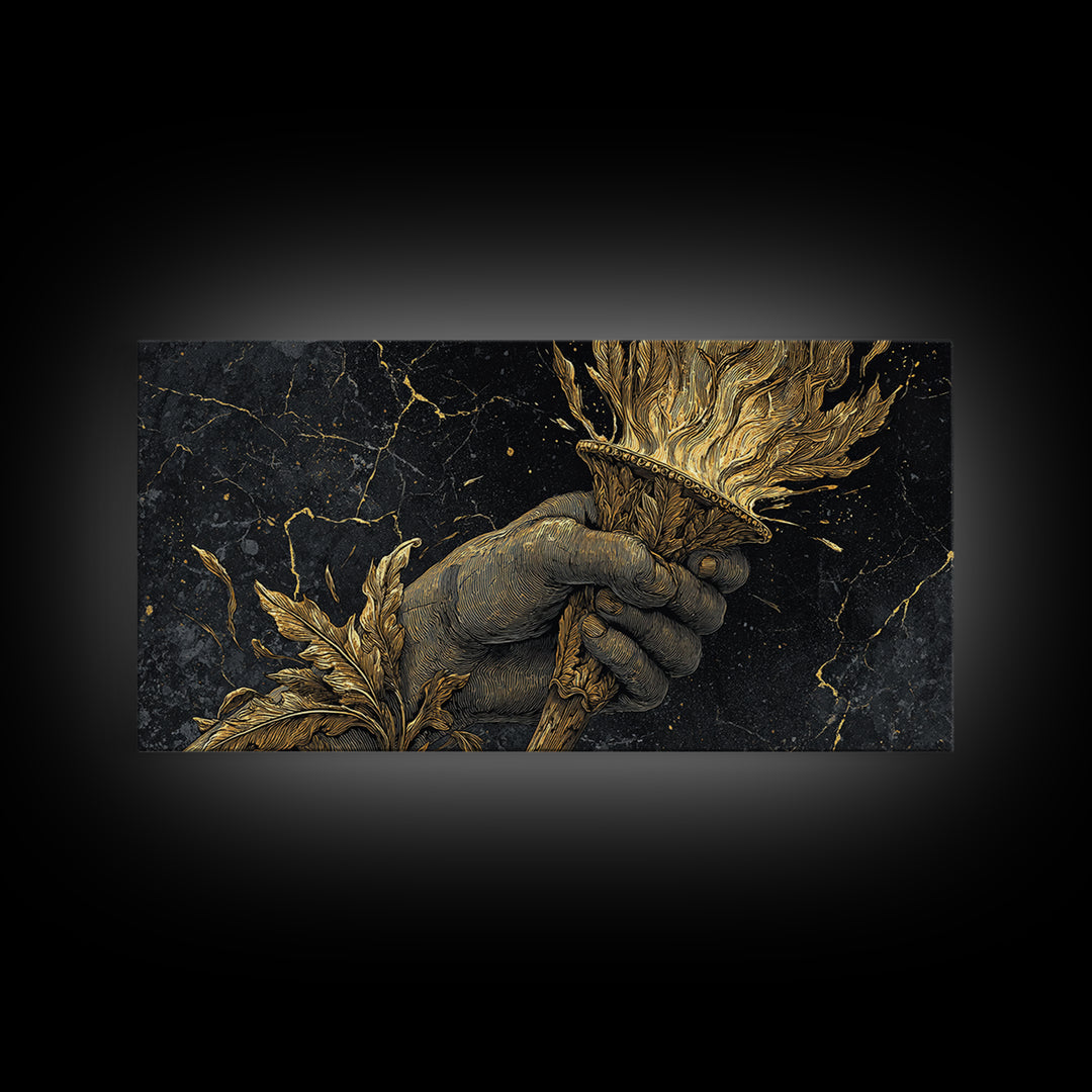 Gold Torch of Triumph Print, Detailed Hand and Flame, Wood Framed Map Wall Décor for Victory and Inspiration Themes