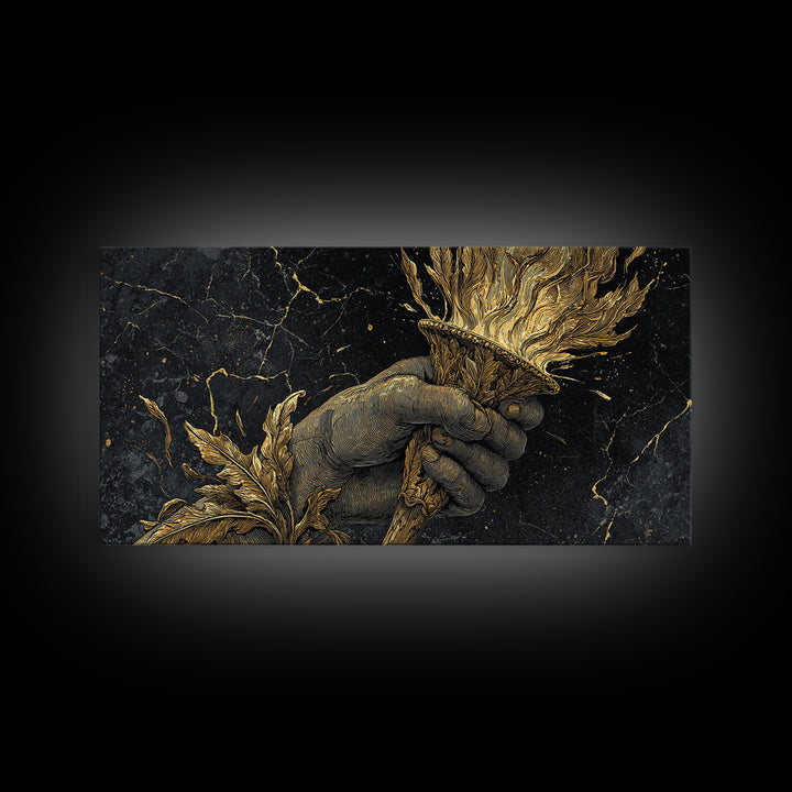 Gold Torch of Triumph Print, Detailed Hand and Flame, Wood Framed Map Wall Décor for Victory and Inspiration Themes