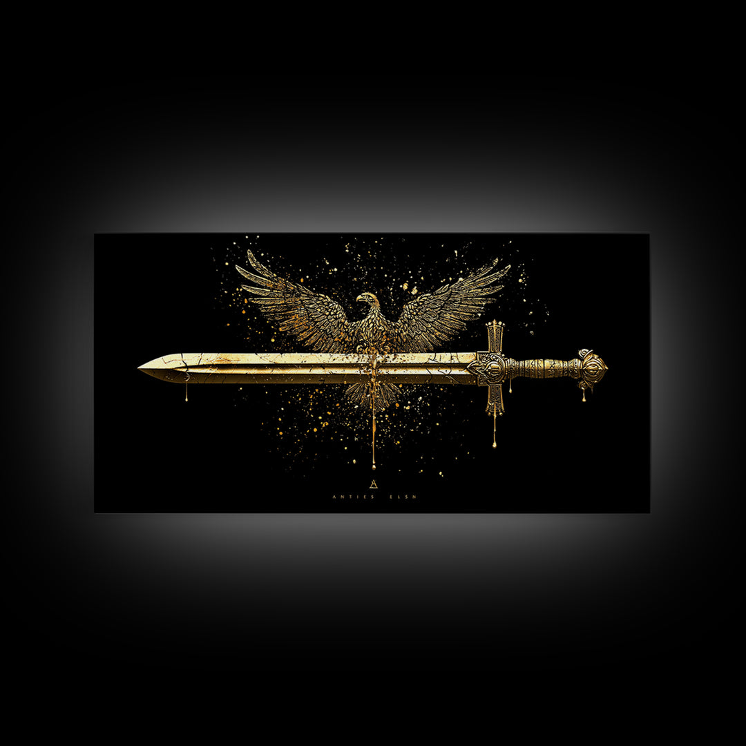 Gold Eagle and Sword Artwork, Splatter Effect Style, Wood Framed Map Wall Art for Power and Freedom Symbolism