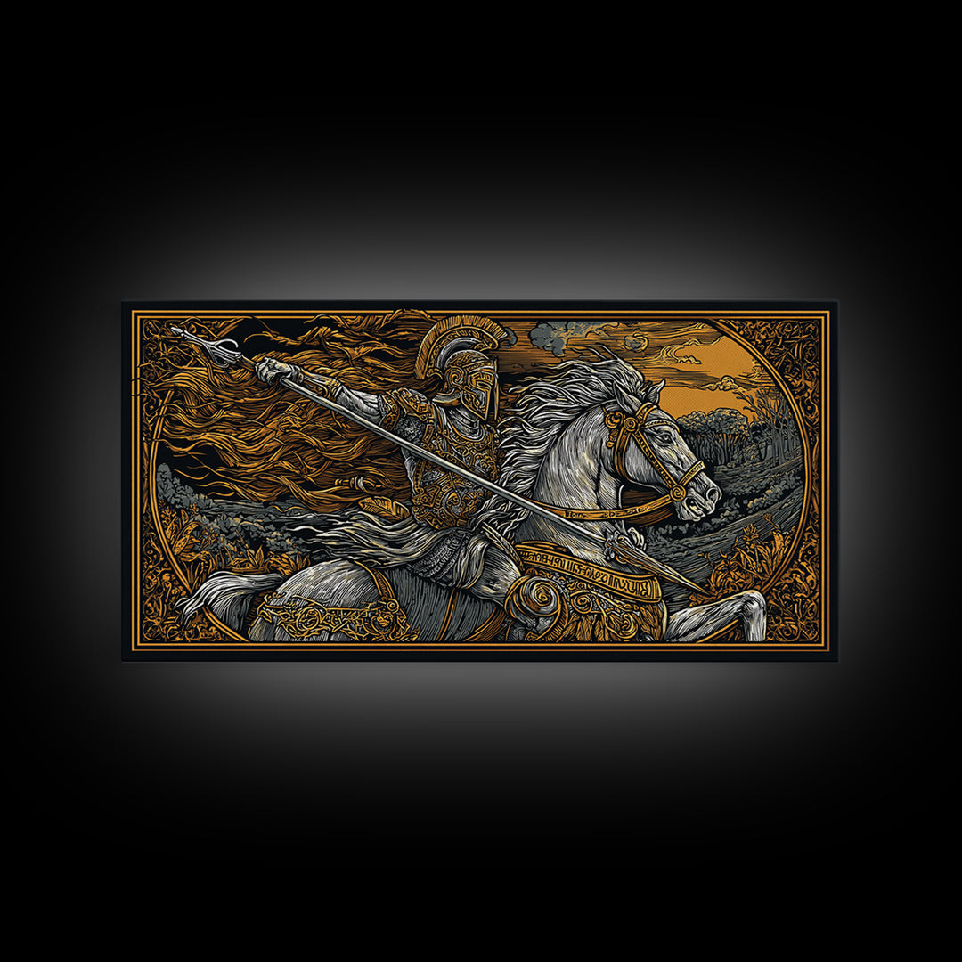 Gold Canvas Print Spartan Warrior on Horseback, Flowing Mane and Spear, Wood Framed Map Wall Art, Ancient Battle, History Lovers