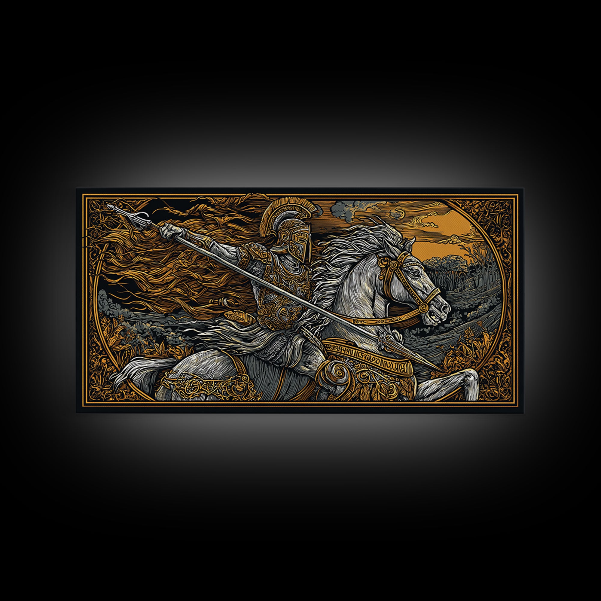 Gold Canvas Print Spartan Warrior on Horseback, Flowing Mane and Spear, Wood Framed Map Wall Art, Ancient Battle, History Lovers