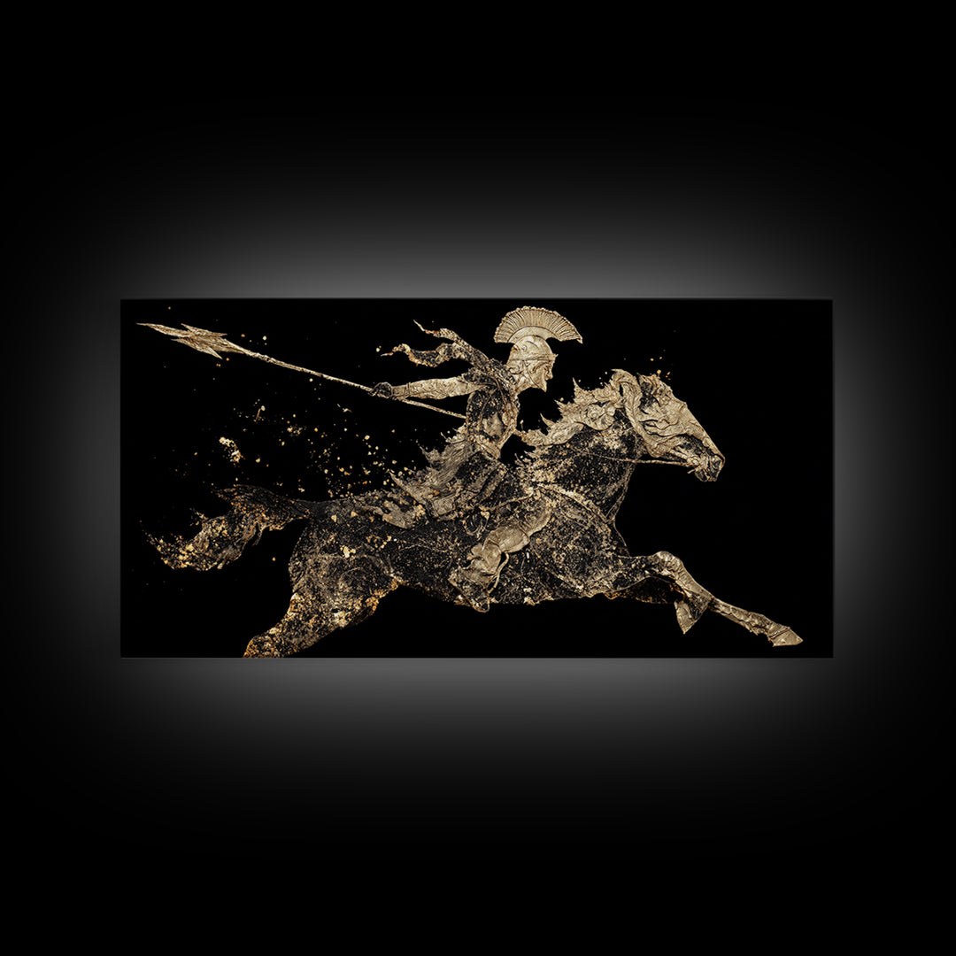 Gold Canvas Art Spartan Rider Silhouette, Splatter Effect Spear Charge, Wood Framed Map Wall Décor, Historical and Warrior-Themed Spaces