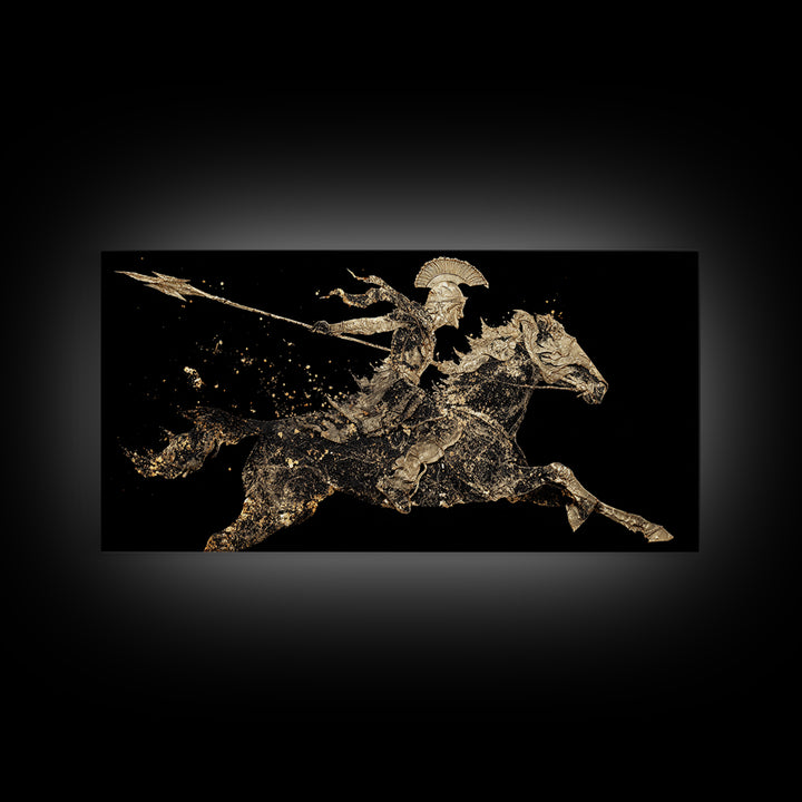 Gold Canvas Art Spartan Rider Silhouette, Splatter Effect Spear Charge, Wood Framed Map Wall Décor, Historical and Warrior-Themed Spaces