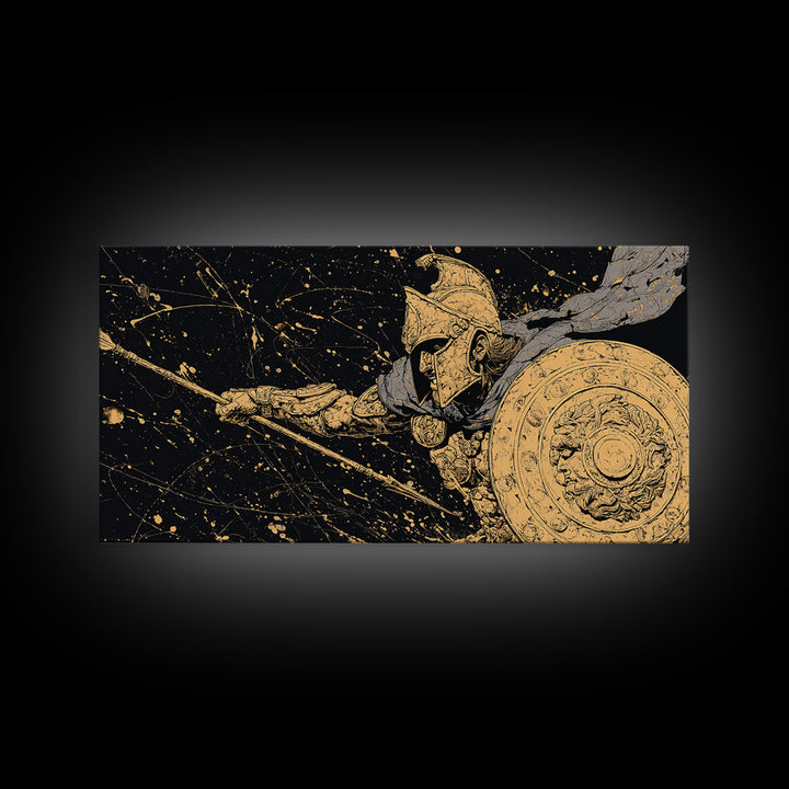Gold Canvas Print Spartan Soldier with Shield and Spear, Splatter Background, Wood Framed Map Wall Art for Ancient Greece Enthusiasts