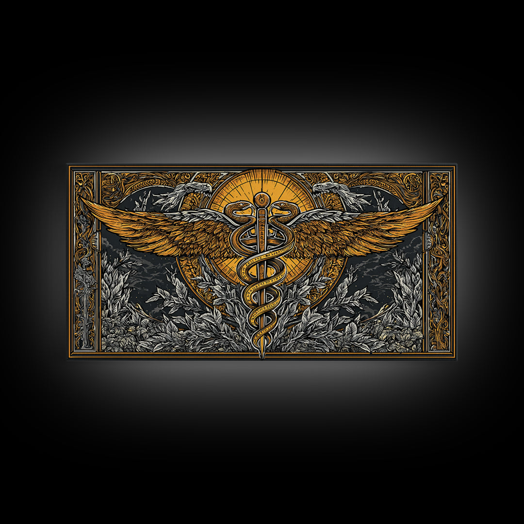 Gold Canvas Art Caduceus Symbol with Wings and Serpents, Ornate Frame, Wood Framed Map Wall Décor for Medical and Healing Symbolism Fans