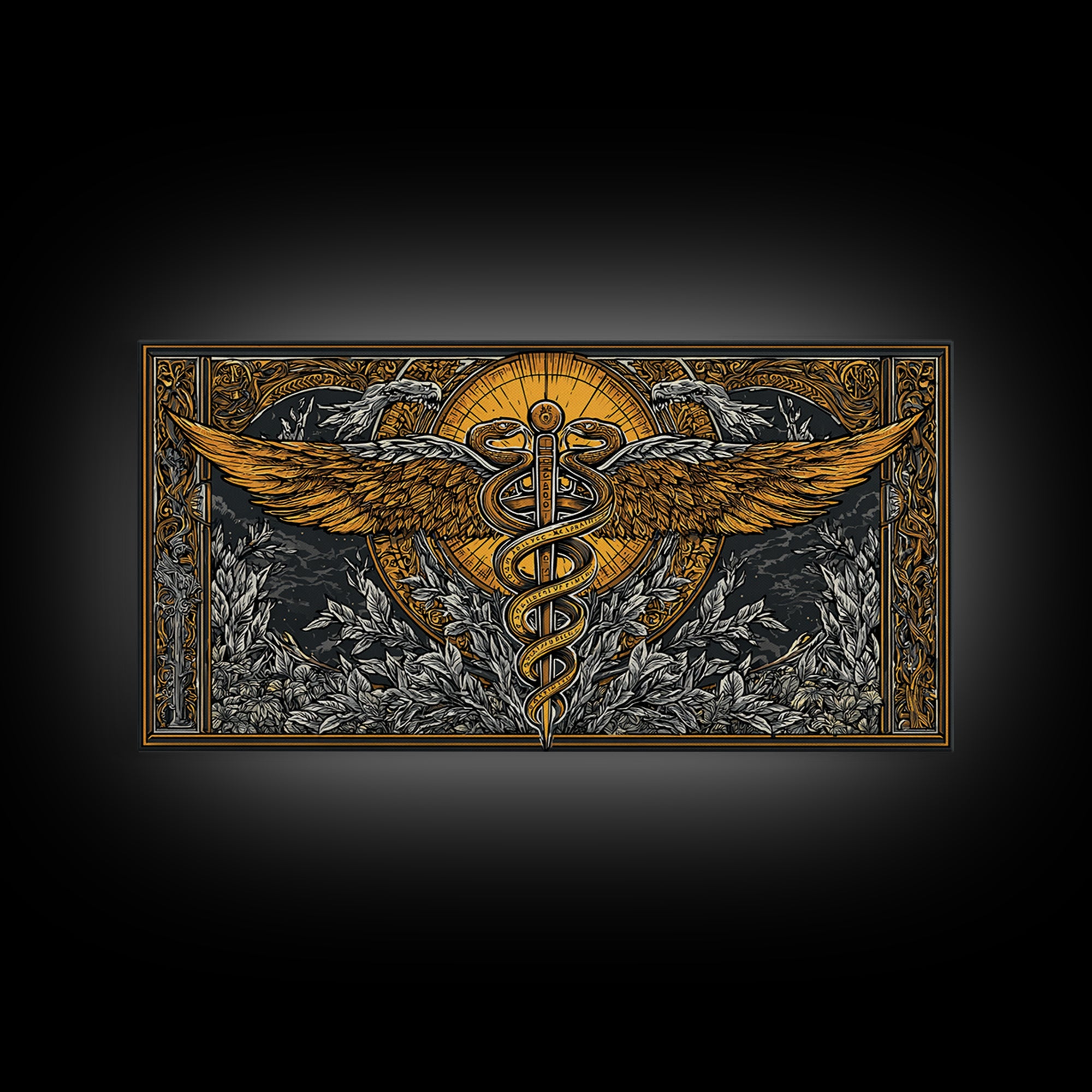 Gold Canvas Art Caduceus Symbol with Wings and Serpents, Ornate Frame, Wood Framed Map Wall Décor for Medical and Healing Symbolism Fans