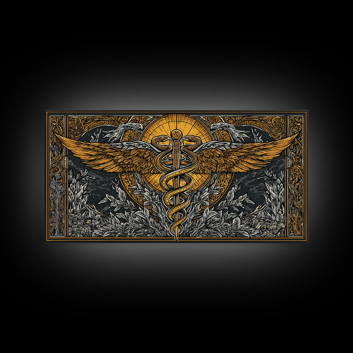 Gold Canvas Art Caduceus Symbol with Wings and Serpents, Ornate Frame, Wood Framed Map Wall Décor for Medical and Healing Symbolism Fans