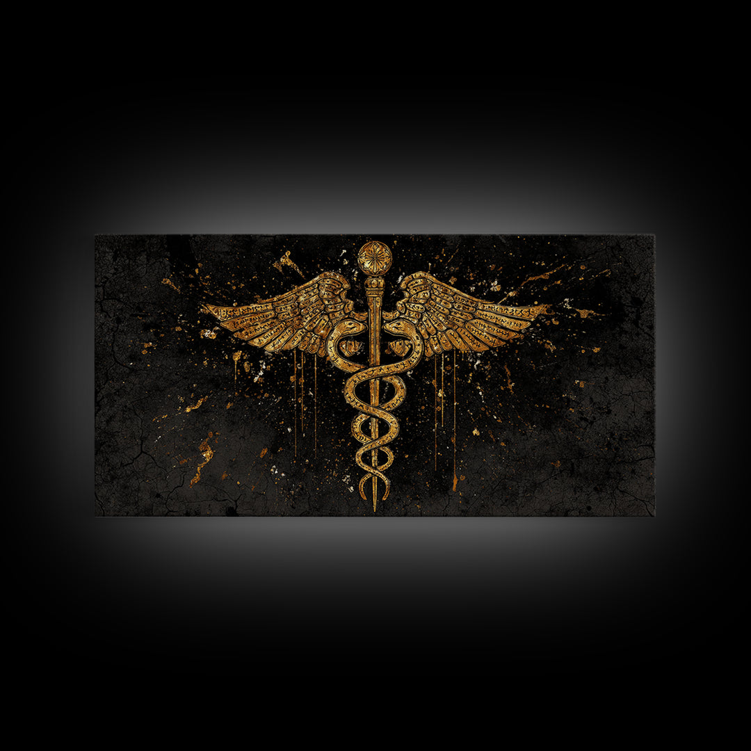 Gold Canvas Print Caduceus Splatter Effect Design, Ancient Script Wings, Wood Framed Map Wall Art for Medicine and Healing Iconography