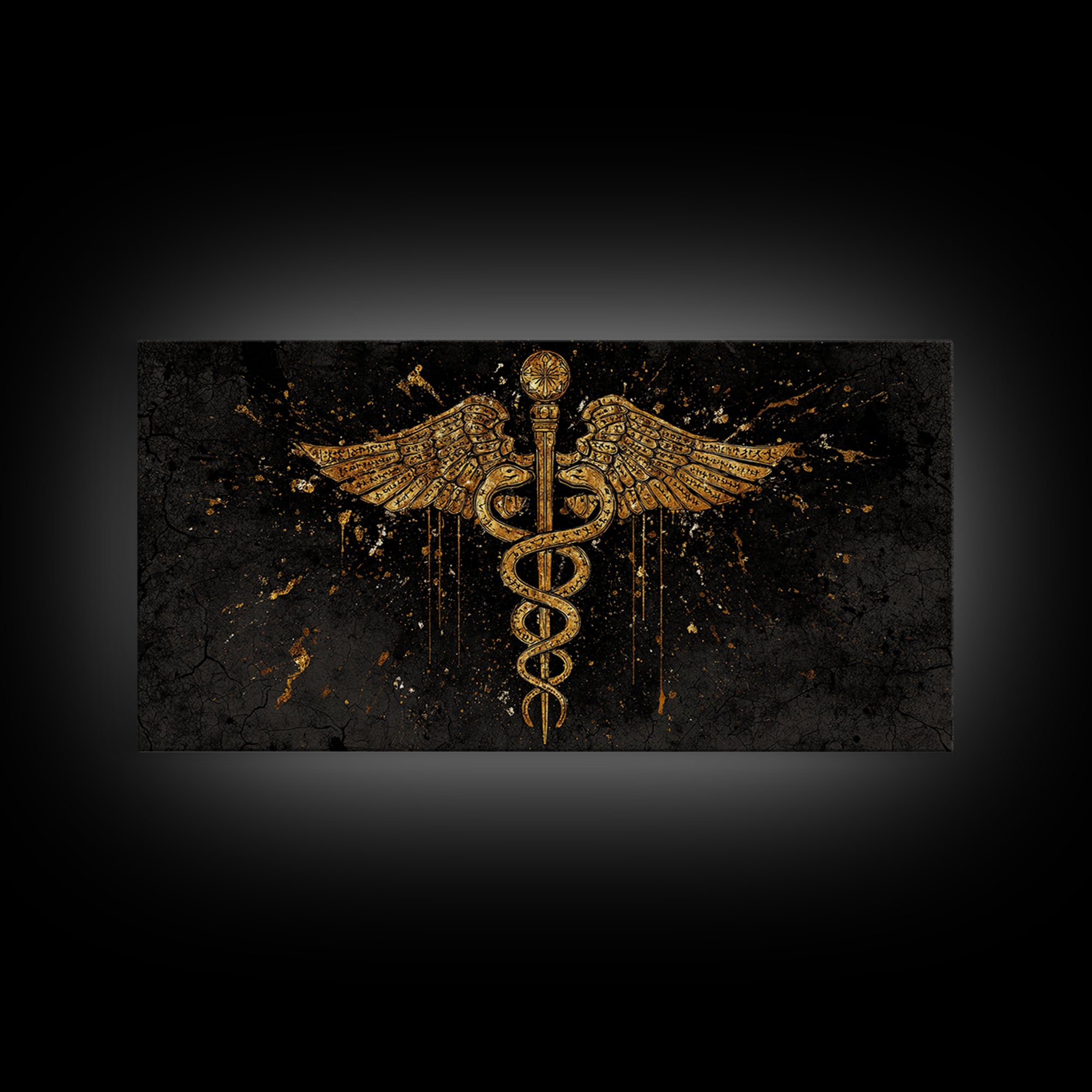 Gold Canvas Print Caduceus Splatter Effect Design, Ancient Script Wings, Wood Framed Map Wall Art for Medicine and Healing Iconography