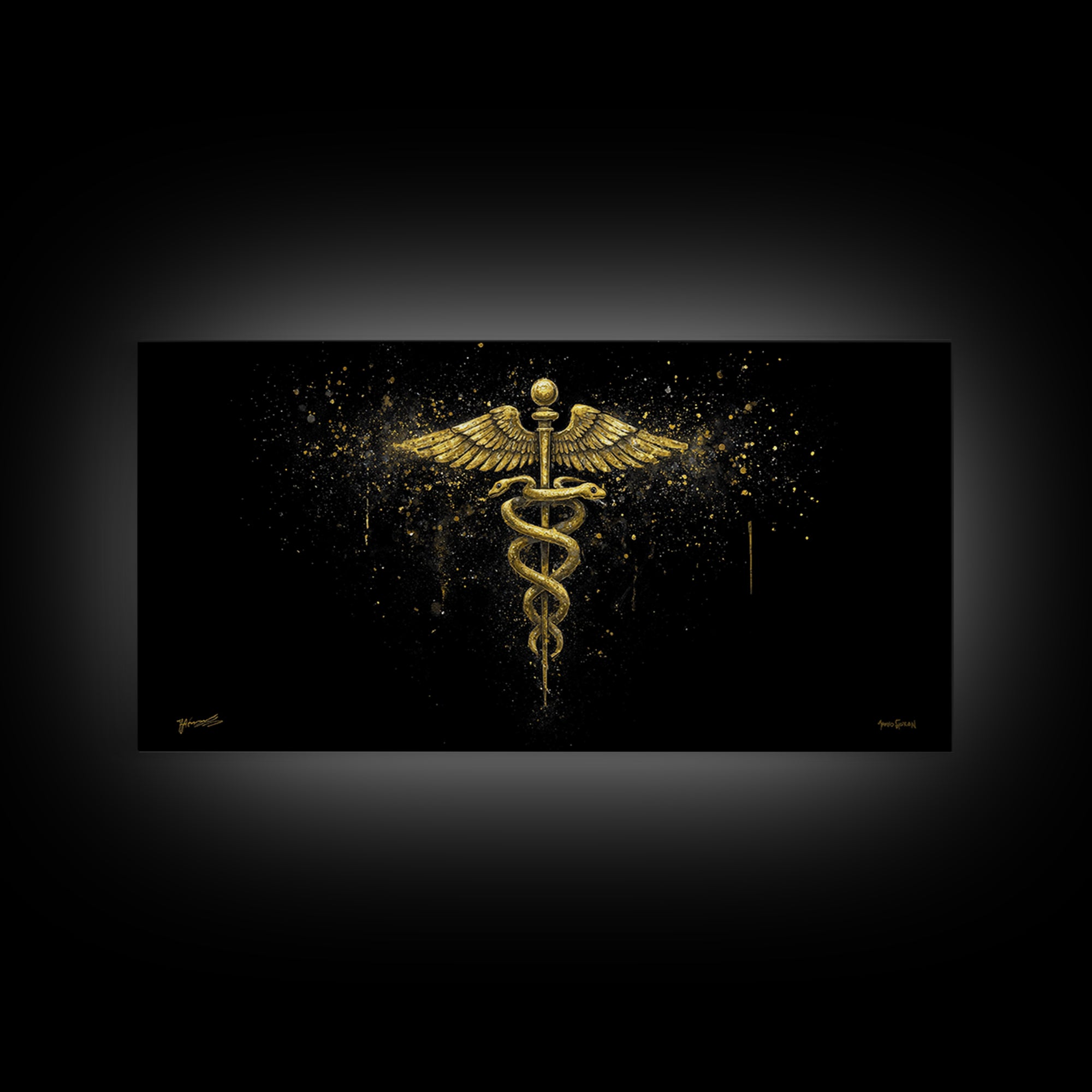 Gold Canvas Art Caduceus Medical Symbol, Splatter Background Art Style, Wood Framed Map Wall Décor for Healthcare, Classical Symbol Lovers