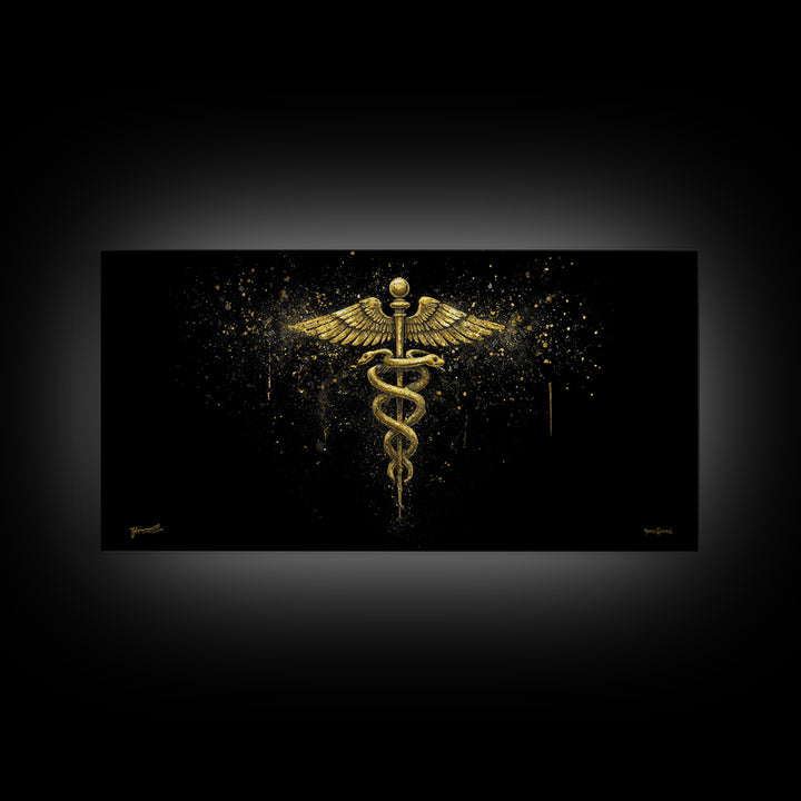 Gold Canvas Art Caduceus Medical Symbol, Splatter Background Art Style, Wood Framed Map Wall Décor for Healthcare, Classical Symbol Lovers