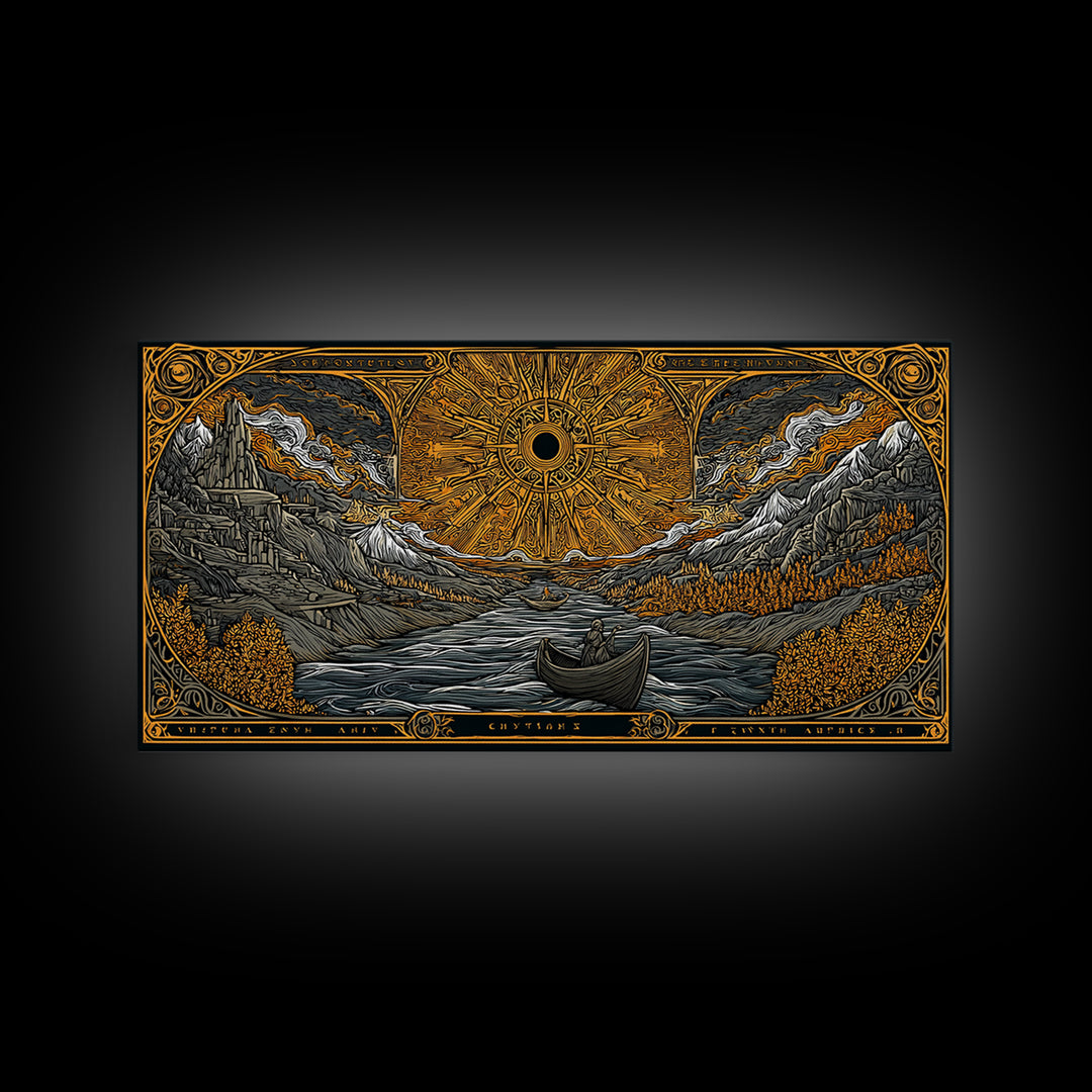 Gold Canvas Print Solar Eclipse Over Mountain Valley, Rowboats and Figures, Wood Framed Map Wall Art for Fantasy and Celestial Lovers