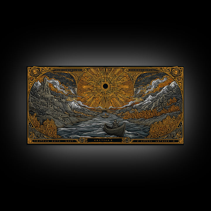 Gold Canvas Print Solar Eclipse Over Mountain Valley, Rowboats and Figures, Wood Framed Map Wall Art for Fantasy and Celestial Lovers