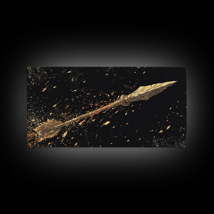 Golden Spear In Flight, Gold Canvas Print, Real Wood Frame, Dynamic Weapon Art, Mythology Inspired Wall Decor