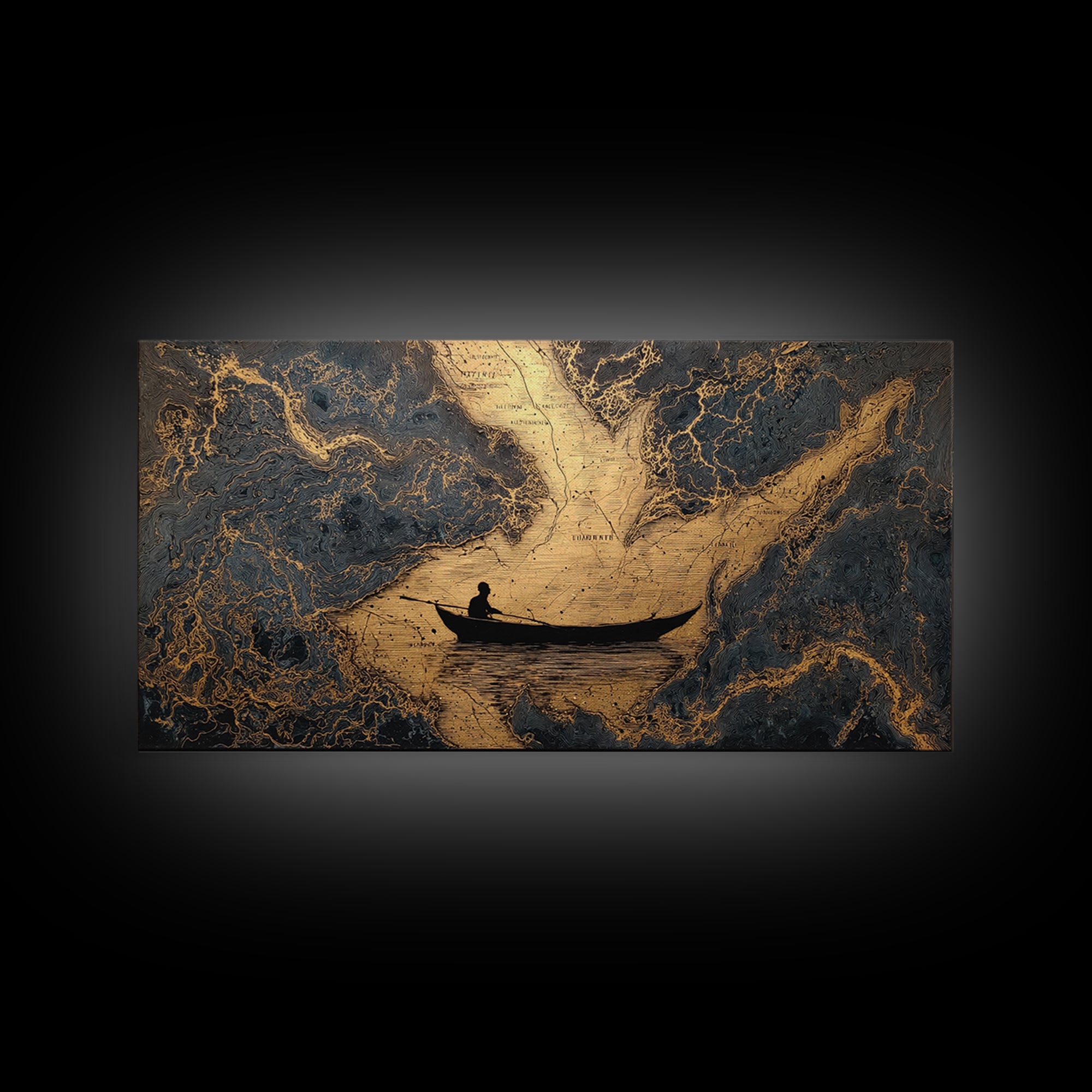 Gold Canvas Art Rowboat Silhouette Over Detailed Map Pattern, Reflective Water, Wood Framed Map Wall Décor, Nautical and Cartographic Fans
