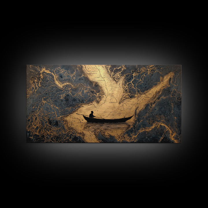 Gold Canvas Art Rowboat Silhouette Over Detailed Map Pattern, Reflective Water, Wood Framed Map Wall Décor, Nautical and Cartographic Fans