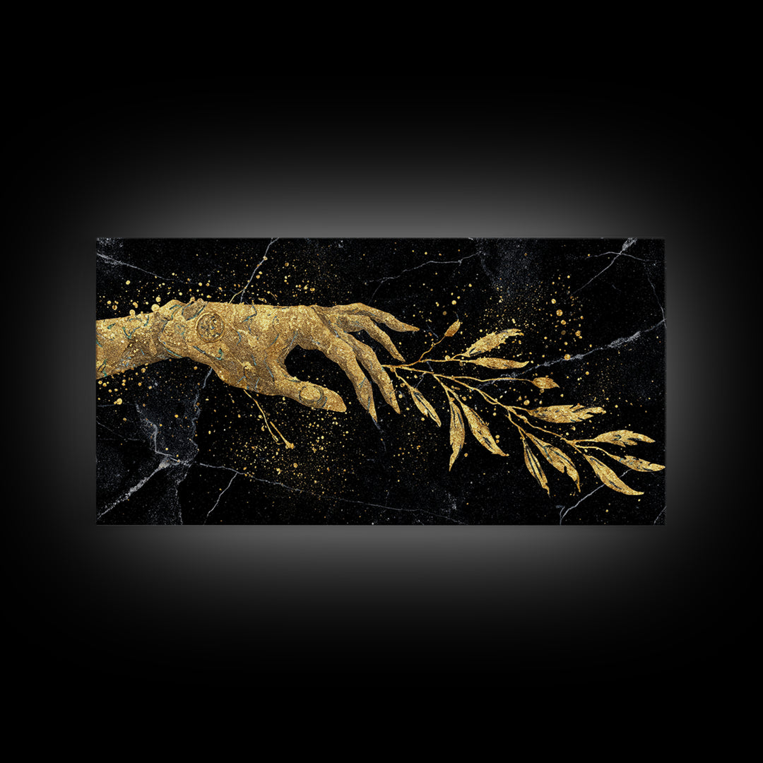 Gold Canvas Print Hand Offering Olive Branch, Splatter Art Marble Texture, Wood Framed Map Wall Art for Peace and Nature Symbolism