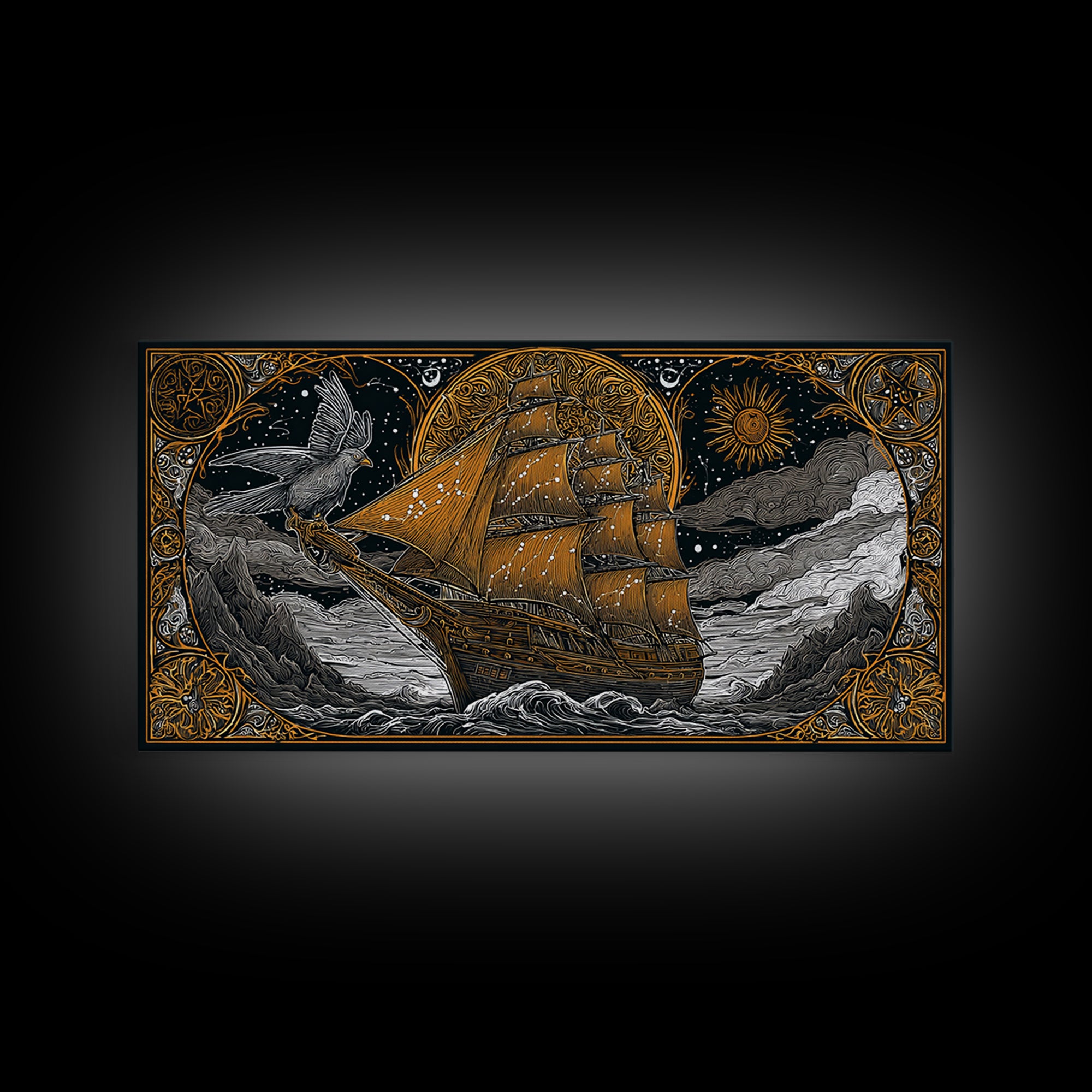 Gold Canvas Art Sailing Ship with Raven Figurehead, Starry Night and Waves, Wood Framed Map Wall Décor, Nautical and Mythic Voyage Lovers