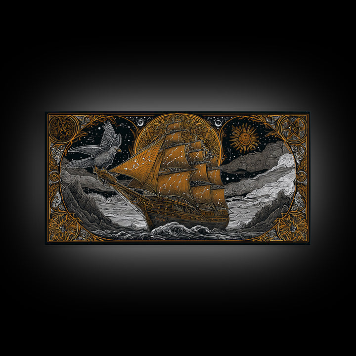 Gold Canvas Art Sailing Ship with Raven Figurehead, Starry Night and Waves, Wood Framed Map Wall Décor, Nautical and Mythic Voyage Lovers