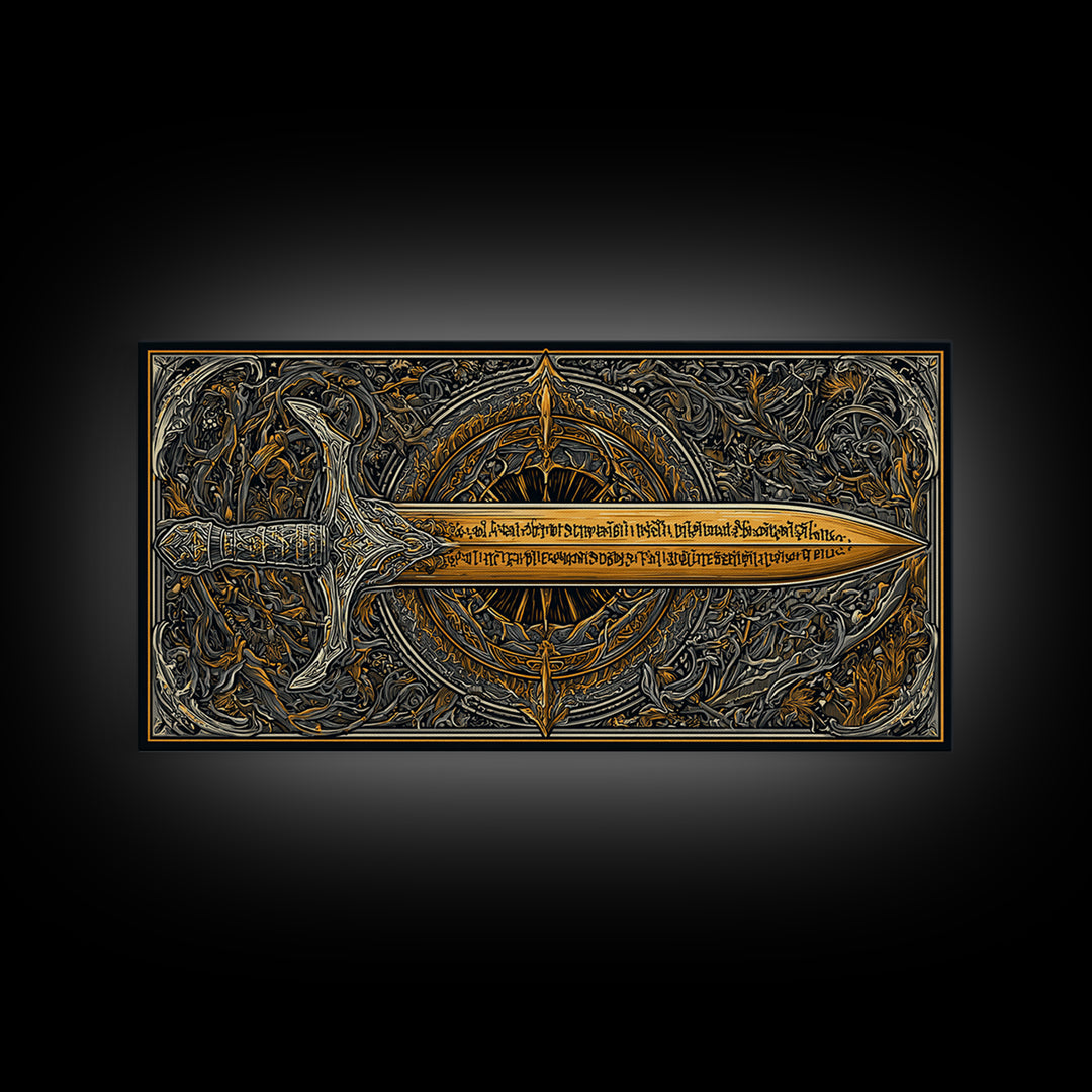 Gold Canvas Print of Ornate Sword and Compass Design, Engraved Blade and Decorative Frame, Wood Framed Map Wall Décor