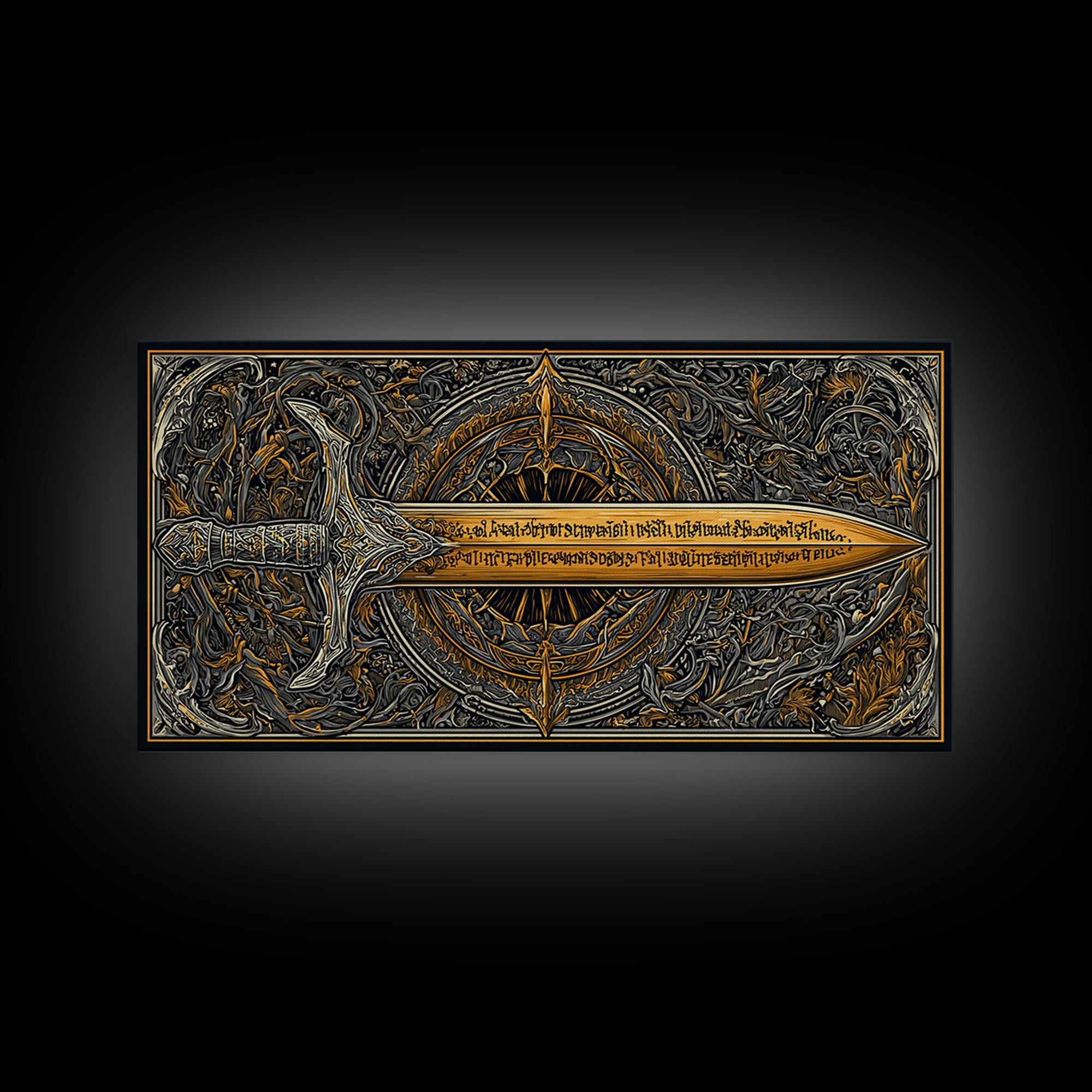 Gold Canvas Print of Ornate Sword and Compass Design, Engraved Blade and Decorative Frame, Wood Framed Map Wall Décor