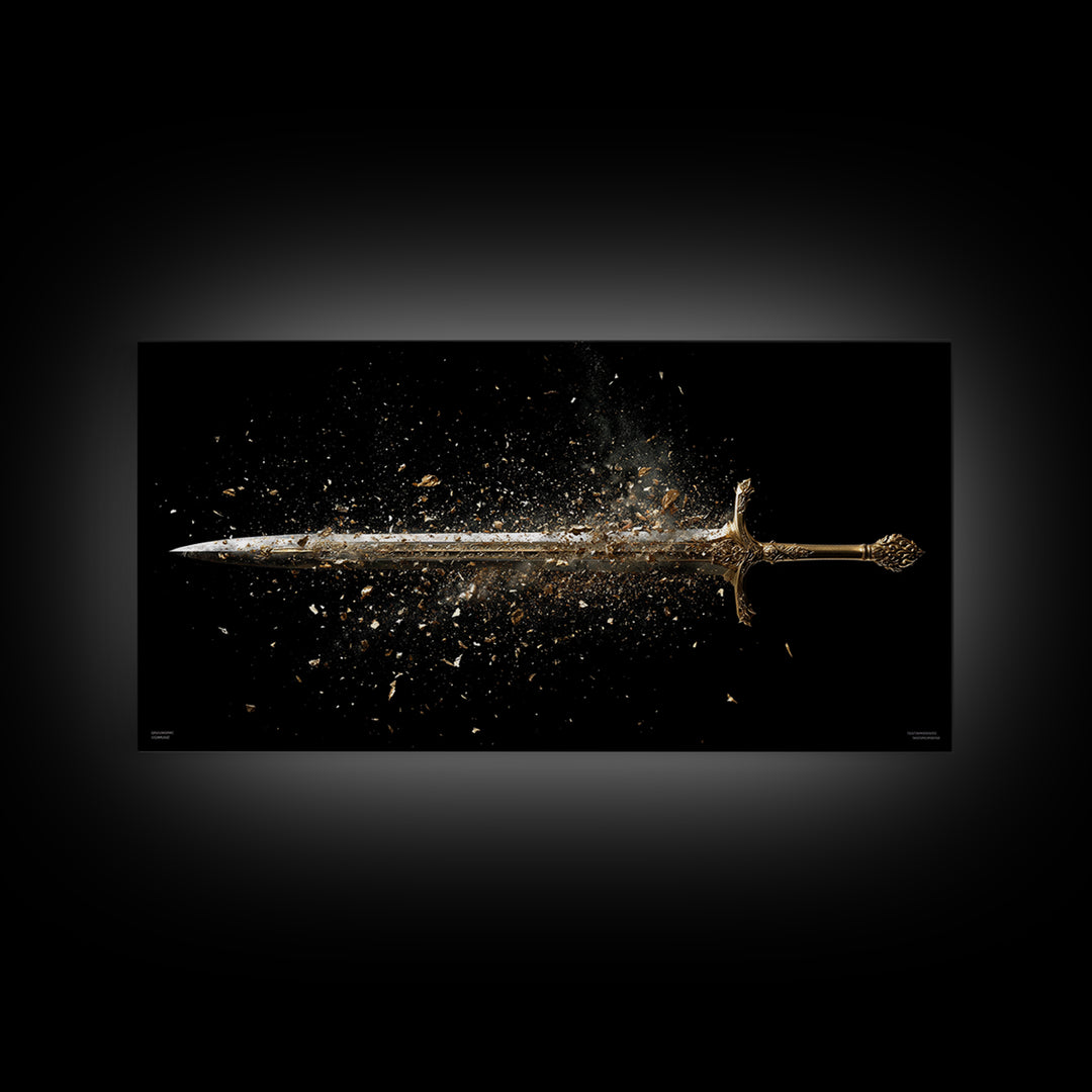 Gold Canvas Art of Shattering Sword in Mid-Air, Detailed Blade Explosion and Dark Background, Wood Framed Map Wall Art Display