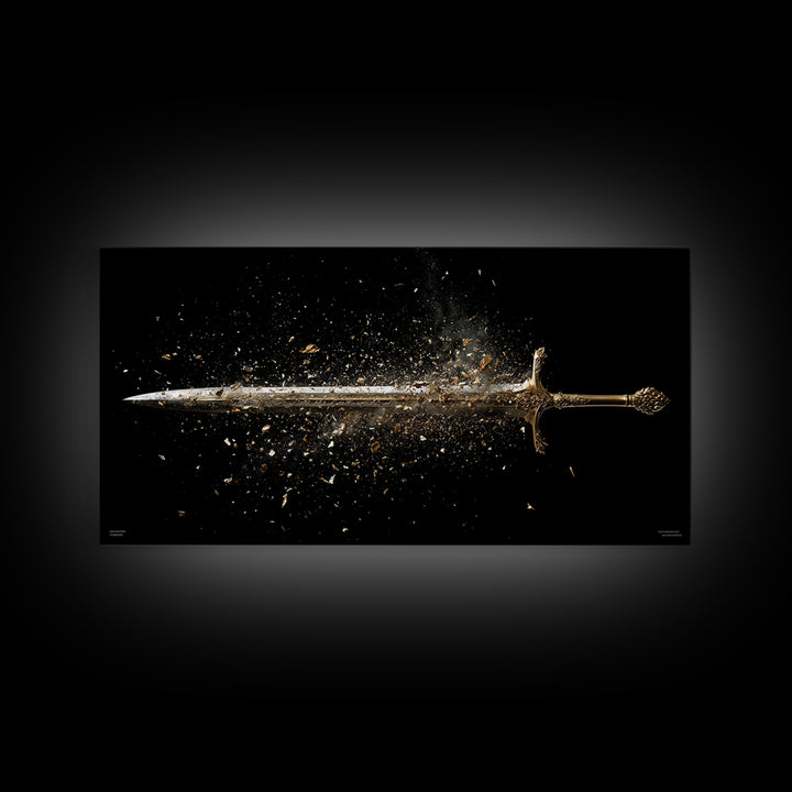 Gold Canvas Art of Shattering Sword in Mid-Air, Detailed Blade Explosion and Dark Background, Wood Framed Map Wall Art Display